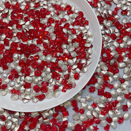 Red Mix K9 Crystal Pointed Back Glass Rhinestone Mixed Shapes Nail Gems